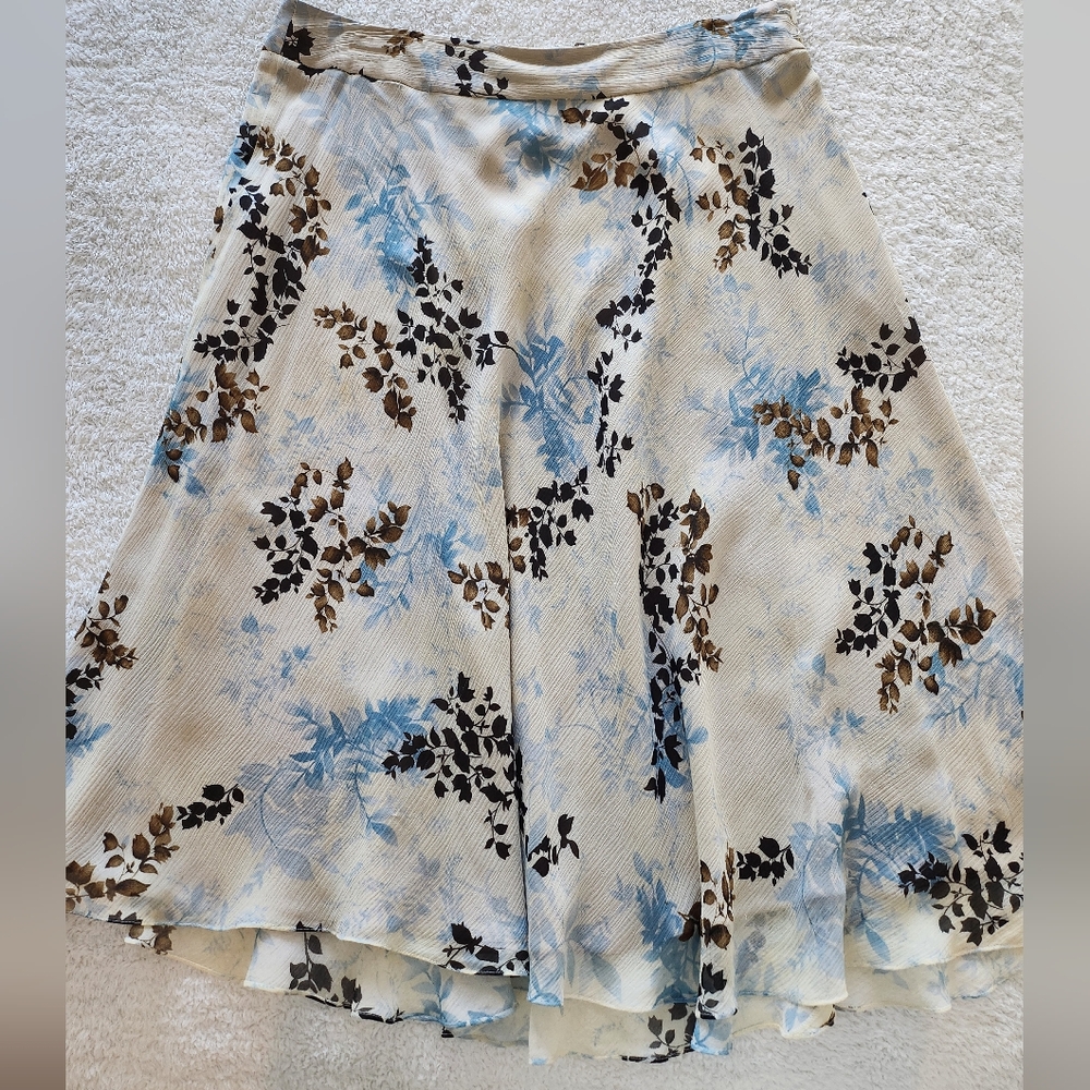 Floral A-Line Silk Skirt - Cream, Blue, and Brown